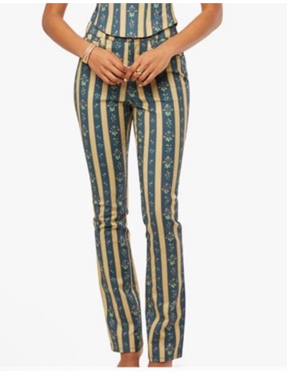 WeWoreWhat Vertical Stripe & Floral Pants in Teal and Cream